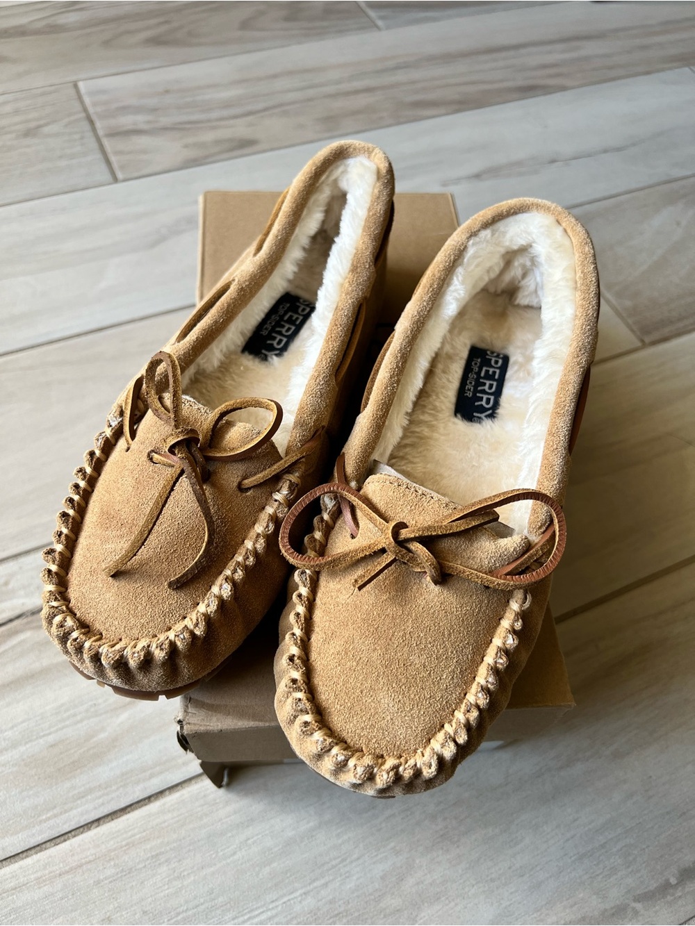 Sperry Reina Chestnut Suede Fleece-Lined Moccasin Slippers for Women